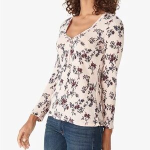 NWT Lucky Brand Floral Pointelle Henley Button Front Scalloped Cotton Top Size L